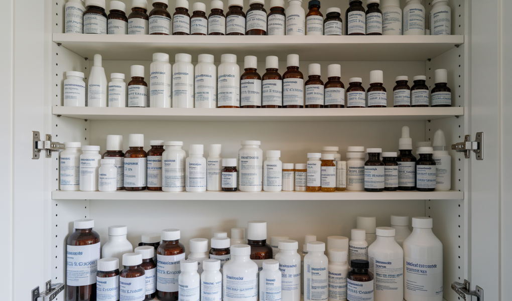 armoire-medicaments-bouteilles-boites-etiquettes-floues