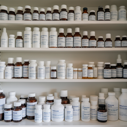 armoire-medicaments-bouteilles-boites-etiquettes-floues