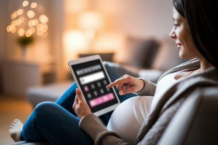 femme-enceinte-canape-tablette-chaleureuse