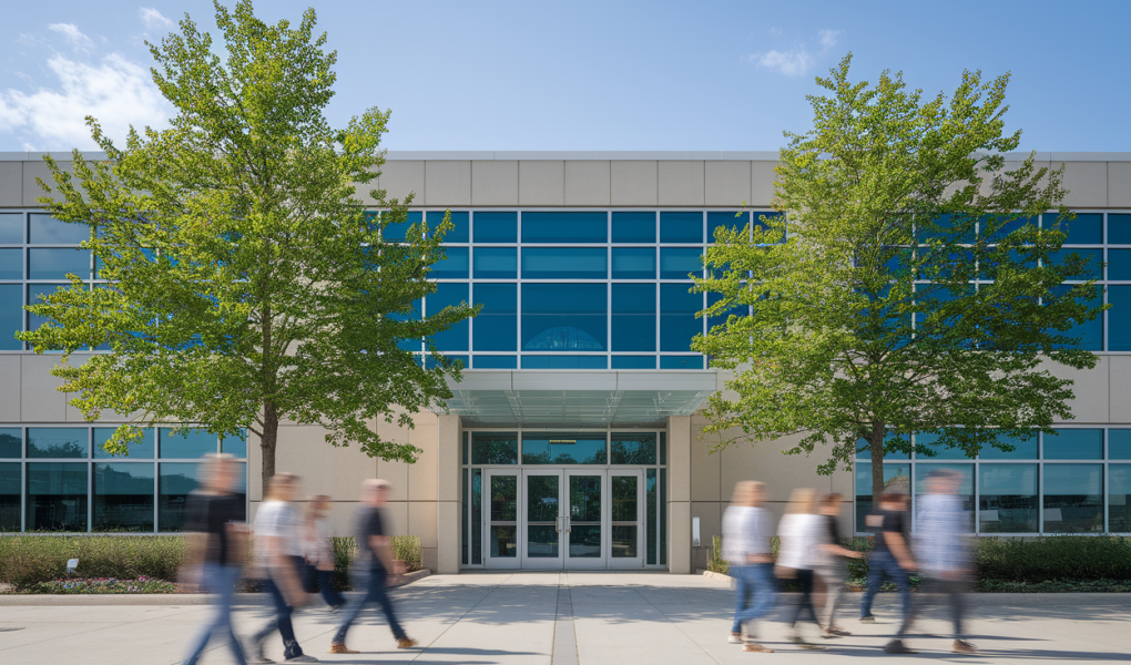 laboratoire-moderne-entree-arbres-ciel-bleu