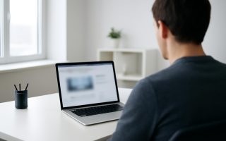 bureau-moderne-ordinateur-personne-floue