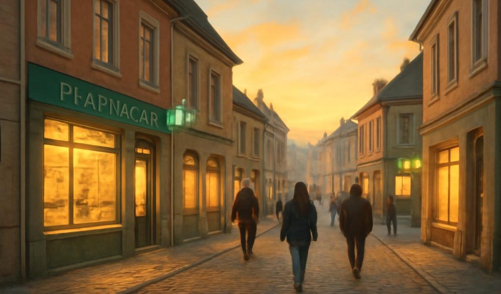 ville-batiments-pharmacies-passants-soleil