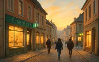 ville-batiments-pharmacies-passants-soleil