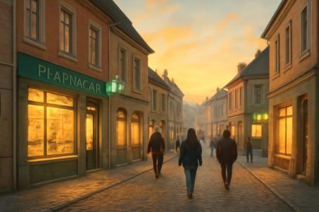 ville-batiments-pharmacies-passants-soleil