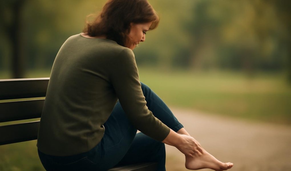 personne-banc-massant-talon-pensive