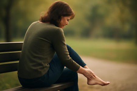 personne-banc-massant-talon-pensive