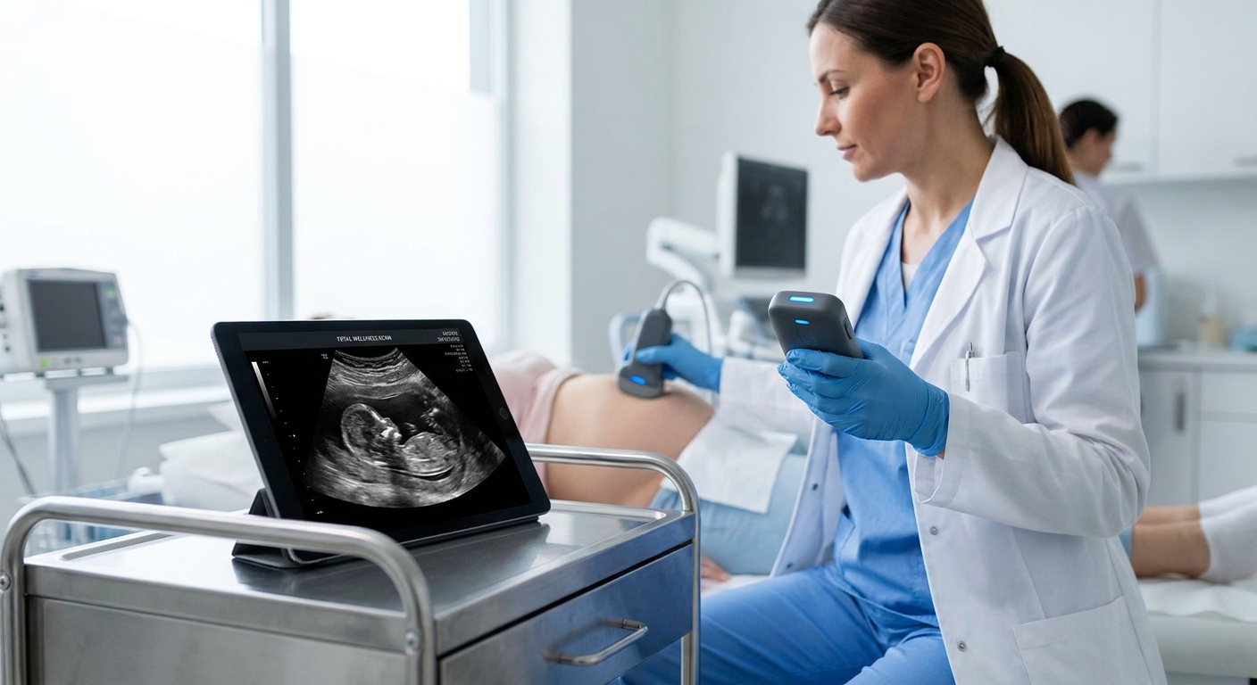 gynécologue utilisant un échographe portable connecté lors d'une consultation à distance sur tablette