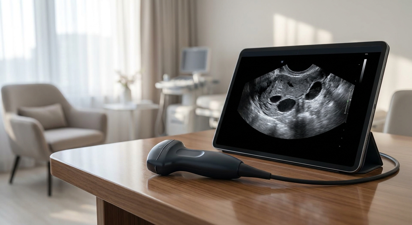sonde d'échographe portable posée sur un bureau de cabinet médical gynécologique avec tablette affichant des images HD